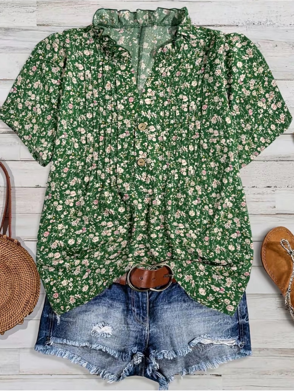 Green Floral Ruffle-Neck Blouse with Pintuck Front